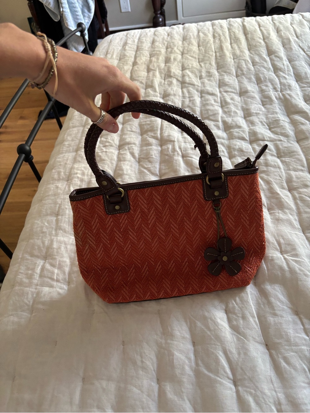 Vintage Women's Orange Woven Tote Bag with Leather Details